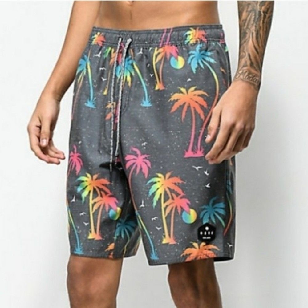 Neff Mens Night Wilder Rainbow Palm Tree‎ Print Board Shorts Charcoal Size M